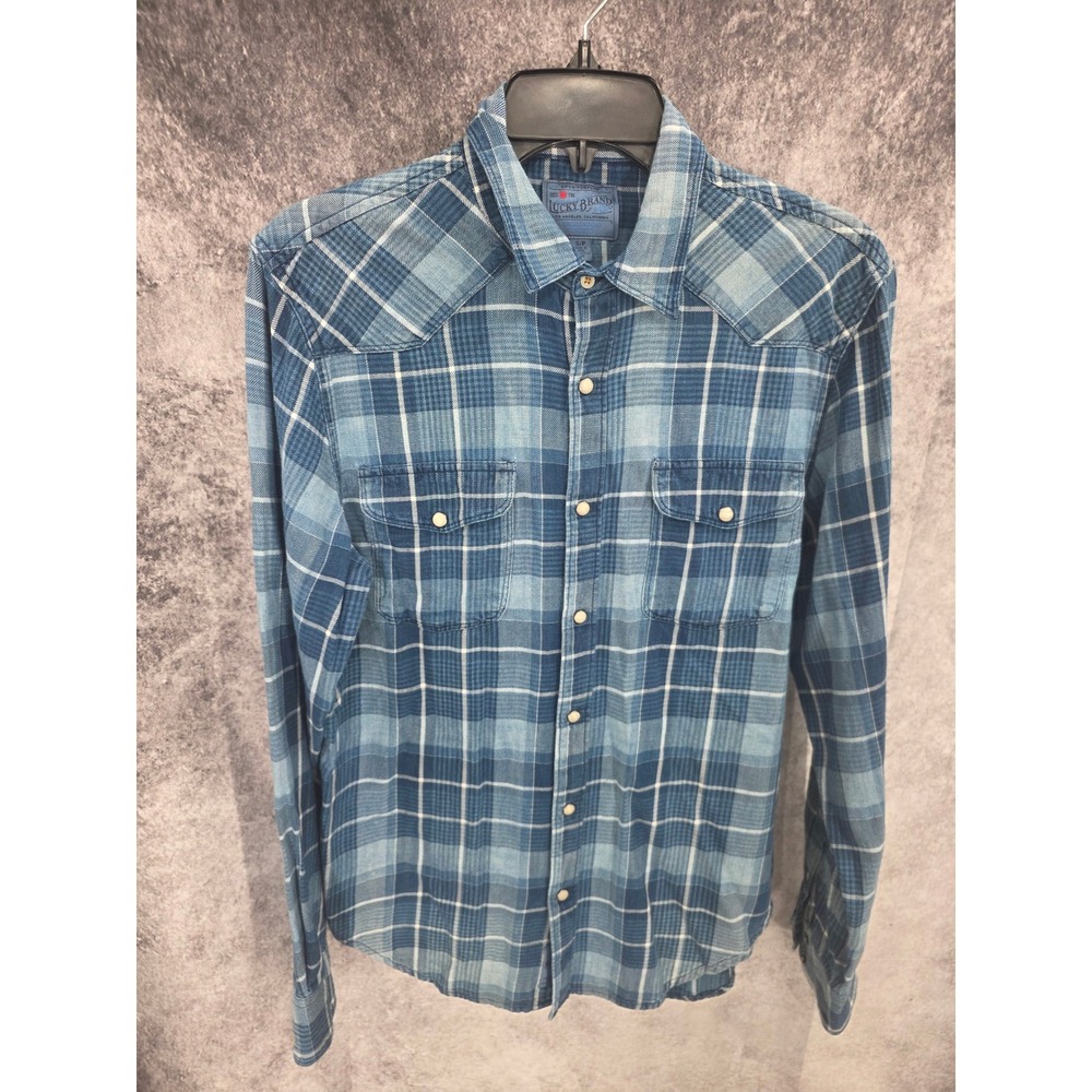 Lucky Brand Western Flannel Shirt Mens Small Blue Plaid Cowboy Rodeo Ranchwear